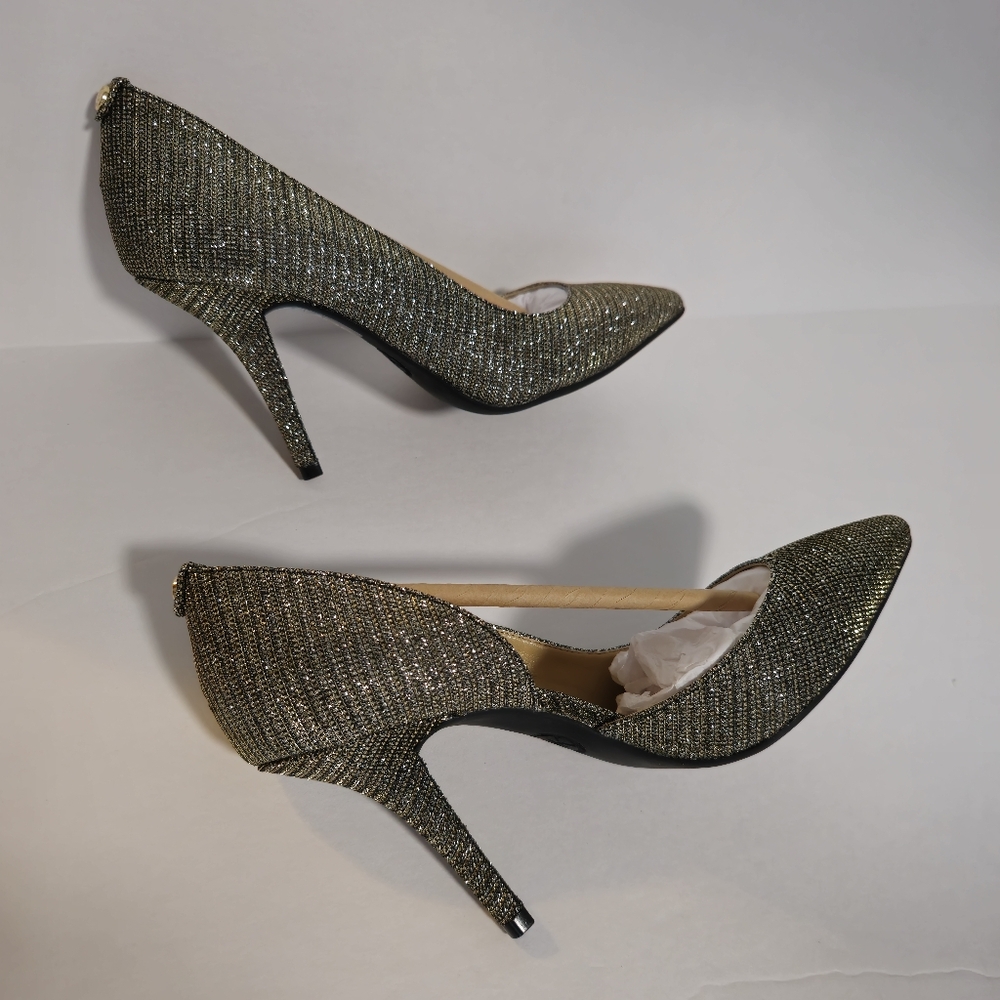 New Michael Kors Nathalie Flex High Pump Black Gold Glitter Mesh, Size 7.5M - Picture 11 of 17